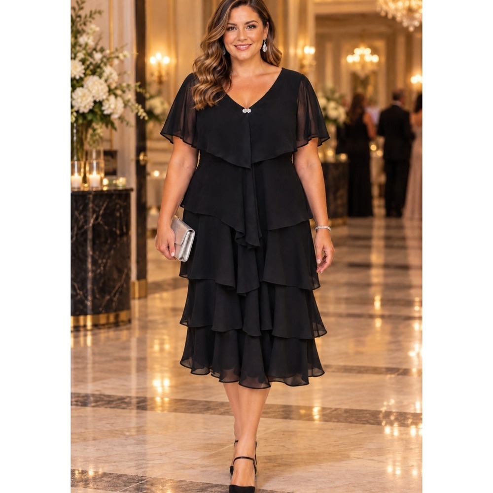 Ignite Evenings Black Tiered Chiffon Formal Dress Cape Sleeve Size 14